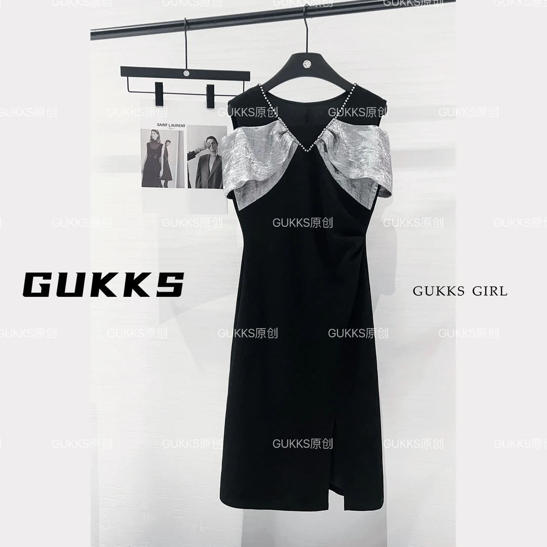 GUKKS设计师款轻奢拼接露肩亮钻短袖法式连衣裙GK224