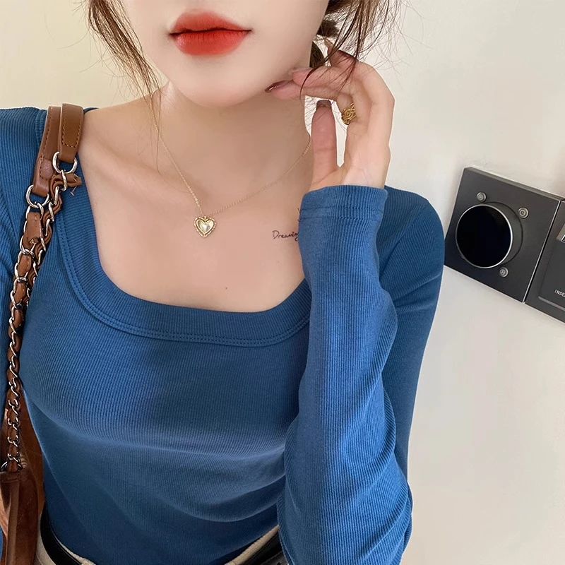 方领长袖t恤2025春秋季女装新款内搭打底衫修身低u领独特纯棉上衣