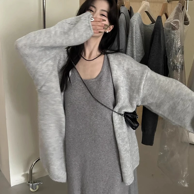 灰色长款慵懒风开衫女外搭2025早秋新款春秋毛衣外套长袖针织上衣