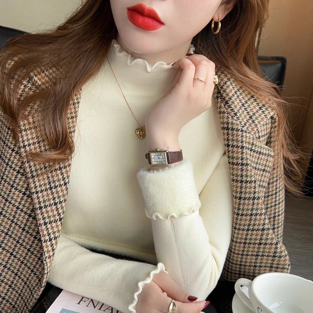 加绒加厚毛衣女冬季新款2023爆款半高领木耳边秋冬打底衫内搭上衣