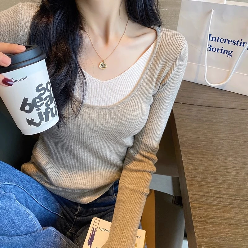 圆领打底衫女内搭早秋针织衫2023新款秋冬洋气修身长袖假两件上衣