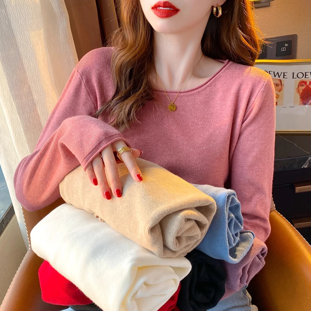 2024新款秋冬打底衫女春秋百搭宽松外穿毛衣圆领薄款针织长袖上衣