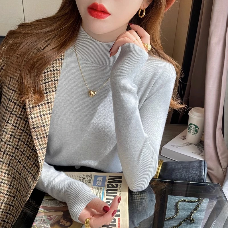 半高领打底衫女内搭秋冬洋气毛衣2024新款白色羊绒针织衫加绒上衣