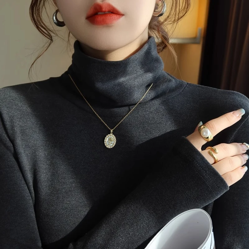 高领打底衫女秋冬加绒加厚2025新款高级感堆堆领内搭德绒黑色上衣