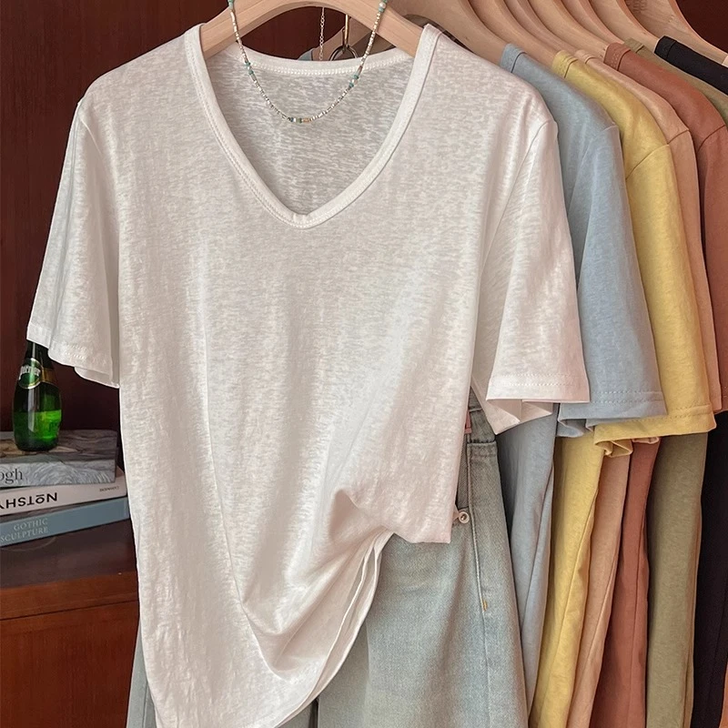 v领棉麻短袖T恤女宽松薄款2025年新款竹节棉纯色体恤冰丝夏季上衣