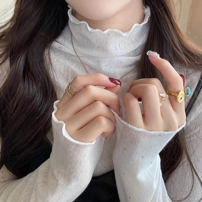 白色木耳边蕾丝打底衫女内搭烫钻T恤秋冬2025新款洋气半高领上衣