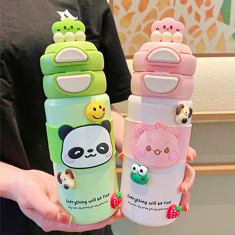 高颜值可爱熊猫316双饮吸管保温杯男女学生清新水杯儿童便携杯子