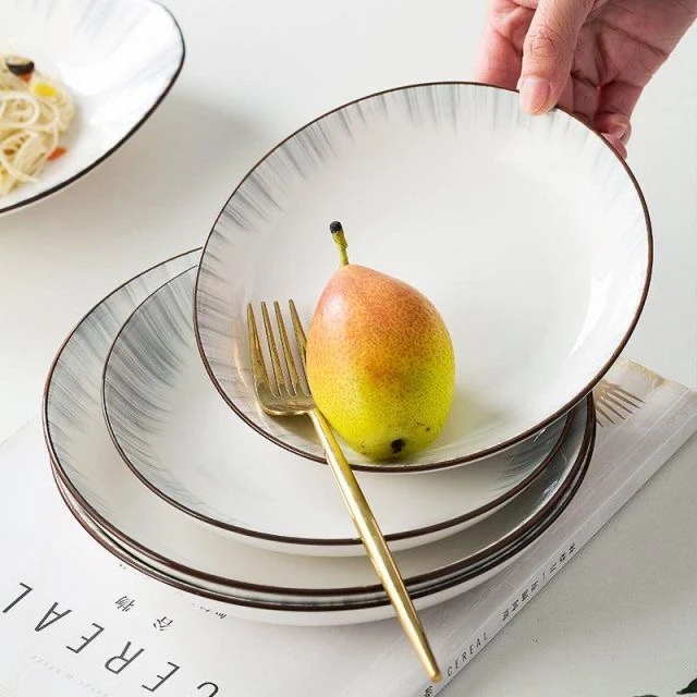 陶瓷碗家用8英寸6个餐具吃饭碗盘套装网红碗碟盘子菜盘北欧简约