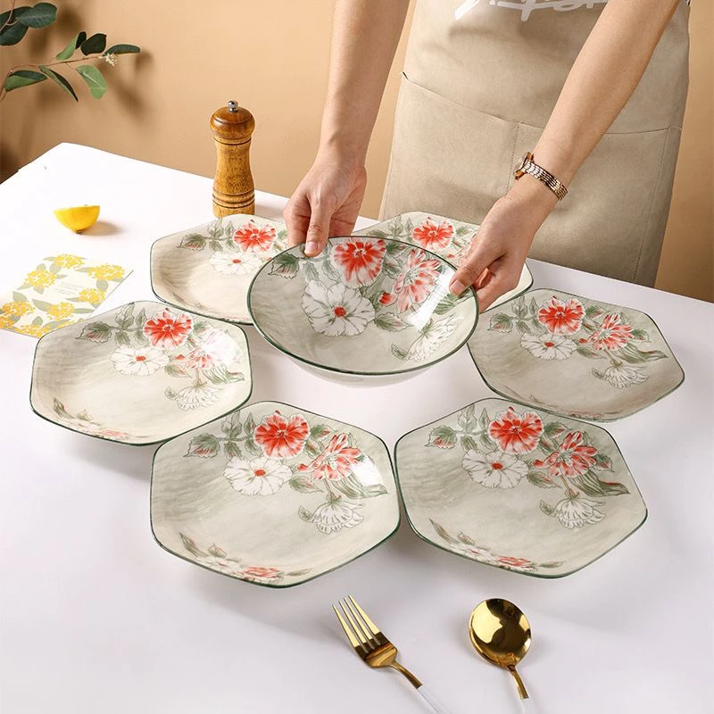 蔷薇花六角盘6个+8汤碗1个陶瓷餐具套装