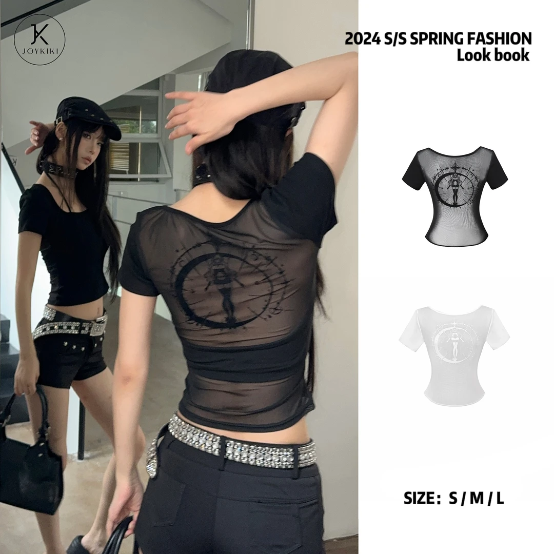 JOY CHIC土豆酱【天使少女】夏季短款少女拼接镂空印花上衣J24B068