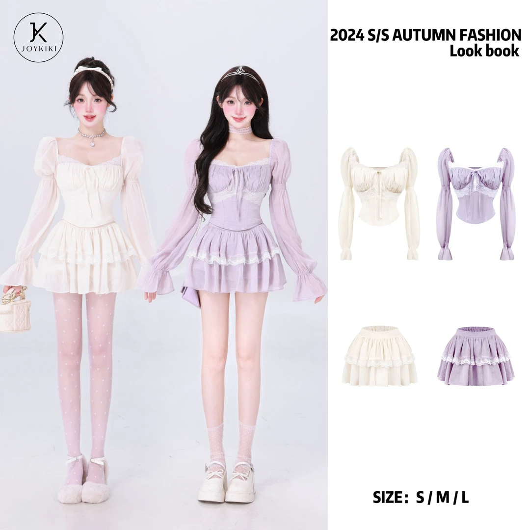 【JOYKIKI 清清!】【圣岛情书】纯欲仙女拼接蕾丝显瘦甜美上衣J24C212