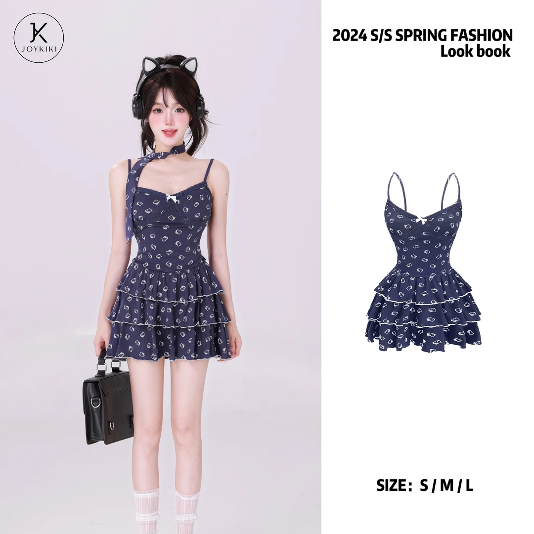 【JOYKIKI 清清!】【KT卡通】夏季动漫印花蕾丝拼接连衣裙 J24B363