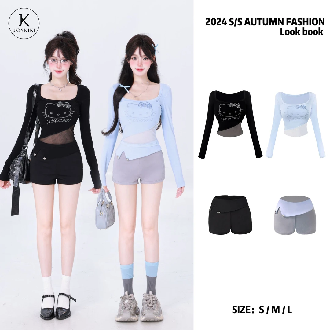 【JOYKIKI 清清!】【芭蕾KT】秋季烫钻U领掐腰显瘦长袖T恤J24C188