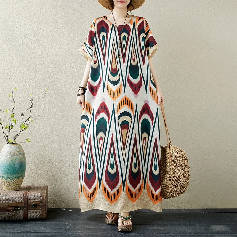 复古文艺大码女装宽松连衣裙女气质长款袍子夏季度假风沙滩裙子女