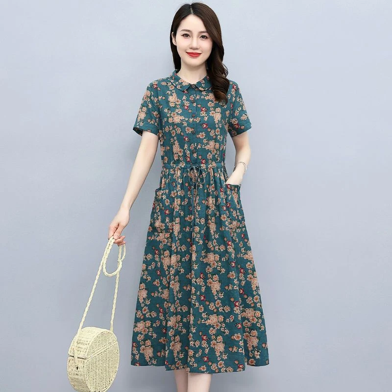 碎花连衣裙夏天气质女装高档大气收腰休闲妈妈装小个子中长裙子