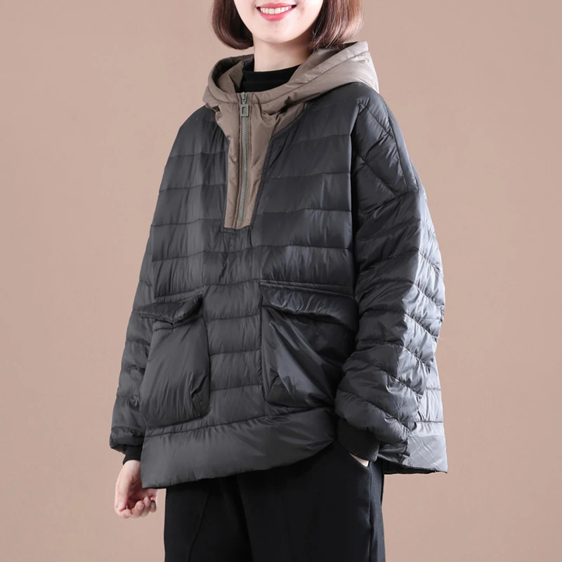 冬季新款时尚棉服女宽松大码显瘦休闲连帽套头外套棉衣保暖棉袄女