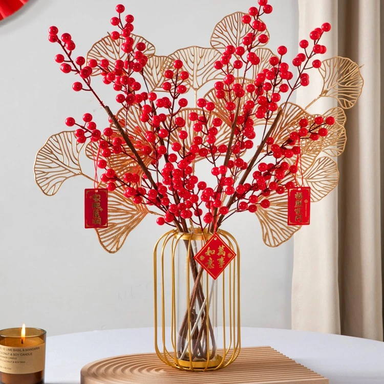 塑料柿柿冬青果红果子红浆果假花干花塑料柿柿装饰品乔迁摆件仿真