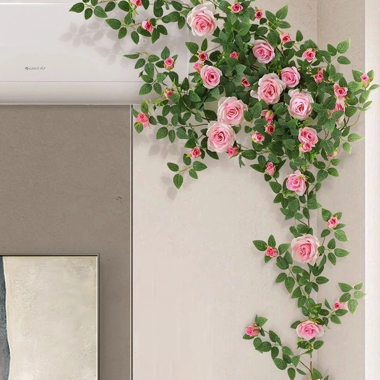仿真玫瑰花藤蔓室内阳台空调管道庭院装饰假花藤条墙壁挂绿植元气