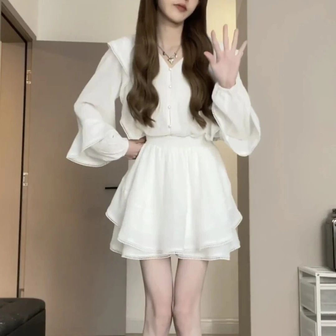 设计感衬衫半裙裤收腰显瘦甜美上衣短裤两件套女