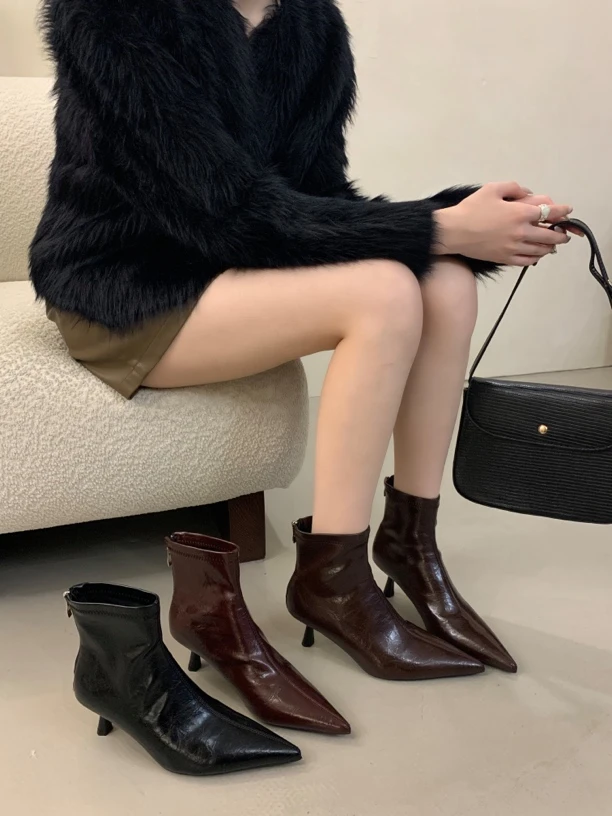 新款358-3秋季韩版小众时尚百搭尖头短靴瘦瘦靴女气质英气质女鞋