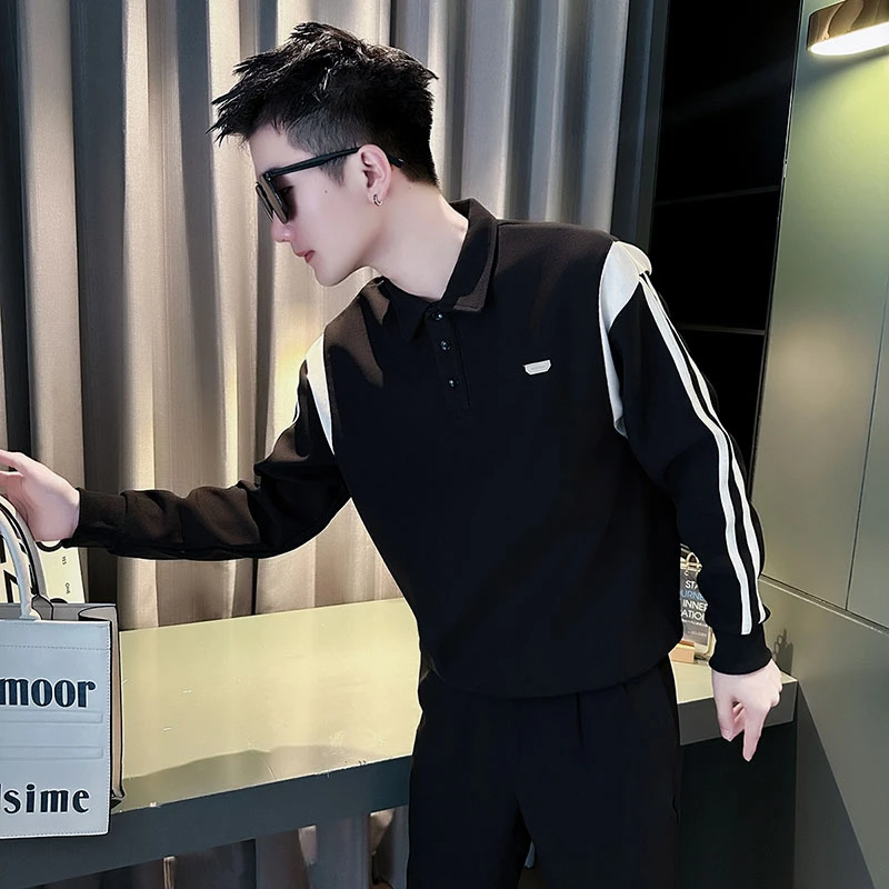 拼接撞色条纹男士卫衣春秋季新款加绒长袖t恤秋冬POLO衫男打底衫