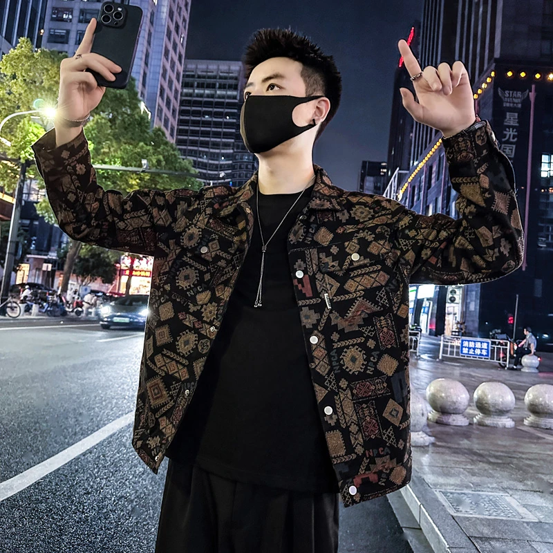 高端民族风牛仔夹克男秋冬上新设计感印花百搭外套男冬季加绒褂子