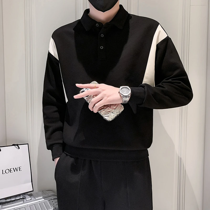 时尚百搭男士撞色翻领卫衣痞帅帅气长袖POLO衫休闲打底衫加绒上衣