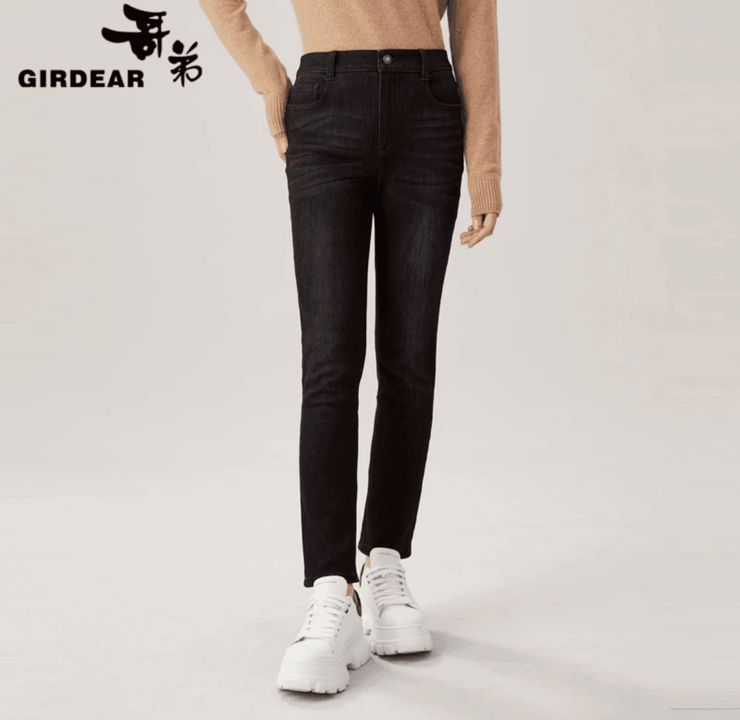 GIRDEAR/哥弟哥弟热力感高腰植绒休闲修身弹力显瘦牛仔裤 1100414