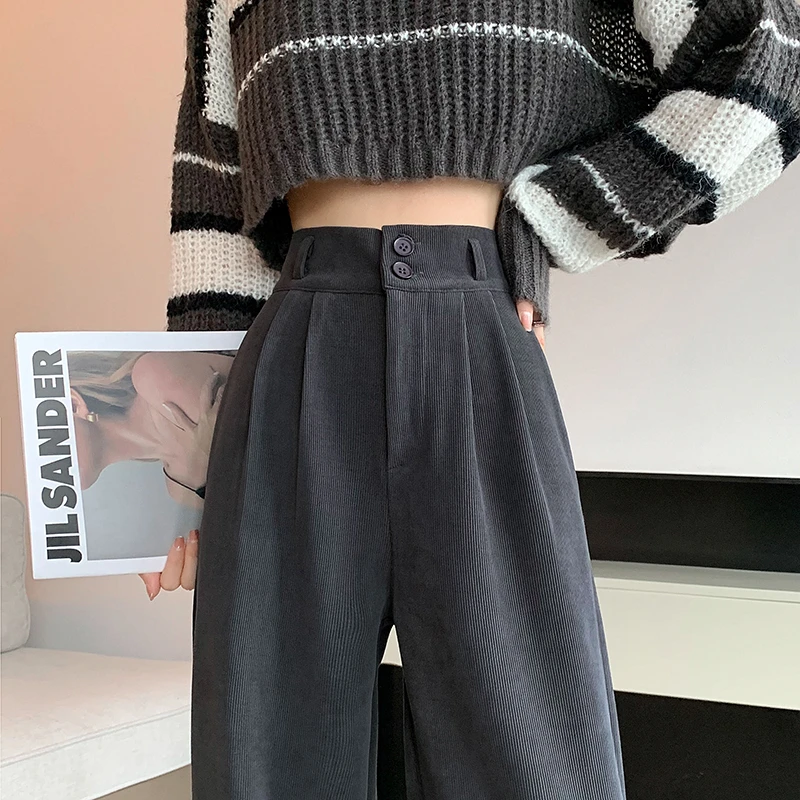 2023秋冬季加绒小个子雪尼尔垂感拖地裤阔腿裤灯芯绒高腰休闲裤女