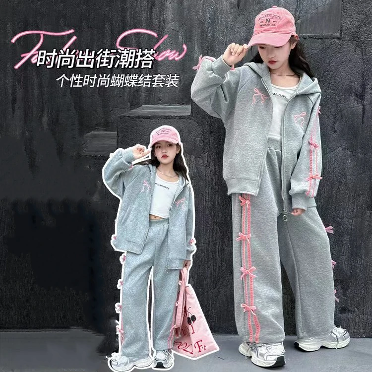 2024新款韩版时尚潮流个性蝴蝶结上衣外套+宽松休闲裤套装开学季