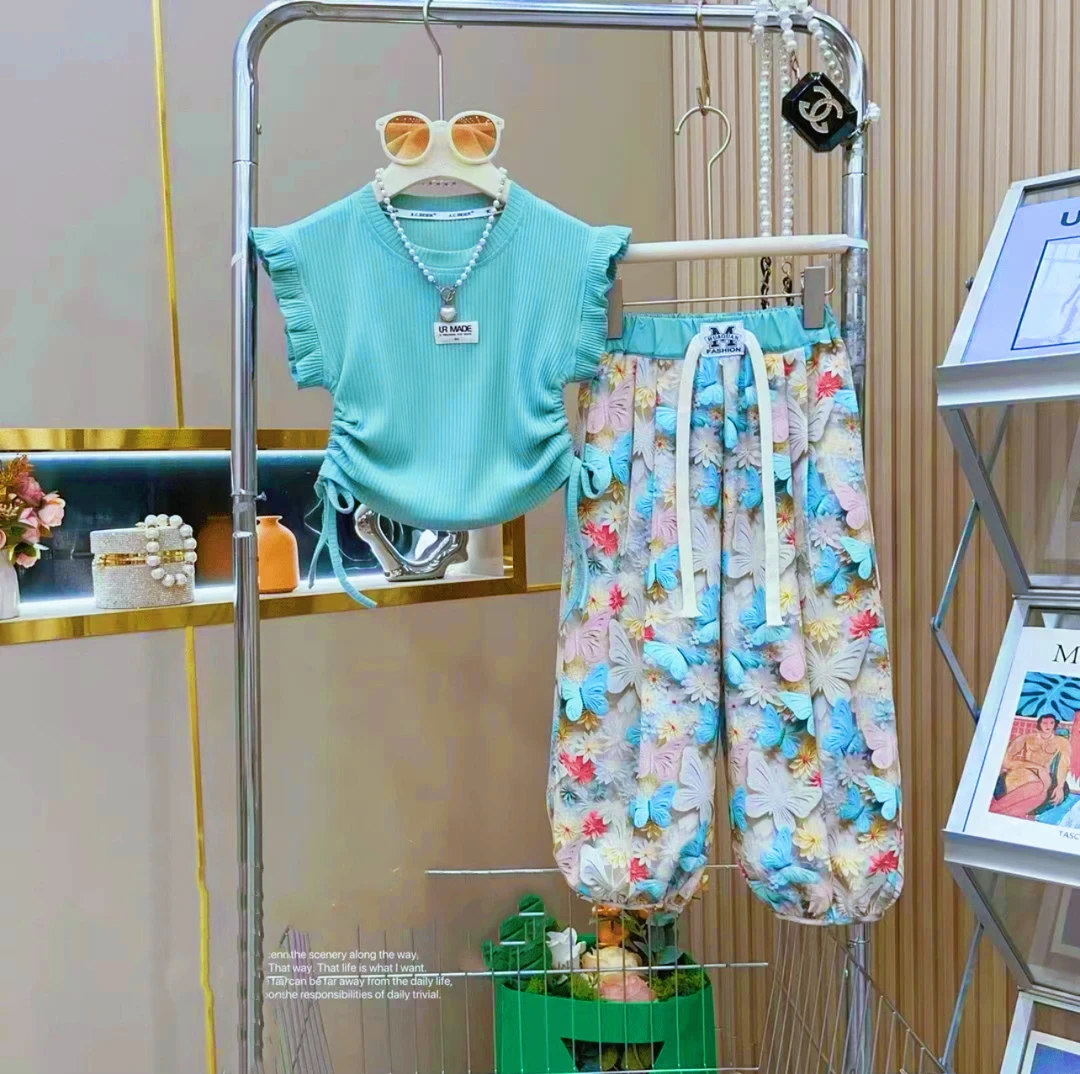 2024新款女童夏季新品韩版碎花休闲防蚊裤百搭T恤套装