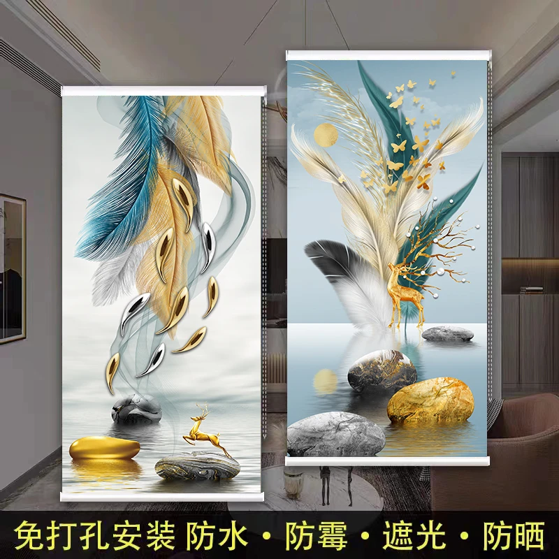 卷帘窗帘免打孔羽毛遮光厨房卫生间客厅防水防油升降卷拉式遮阳帘