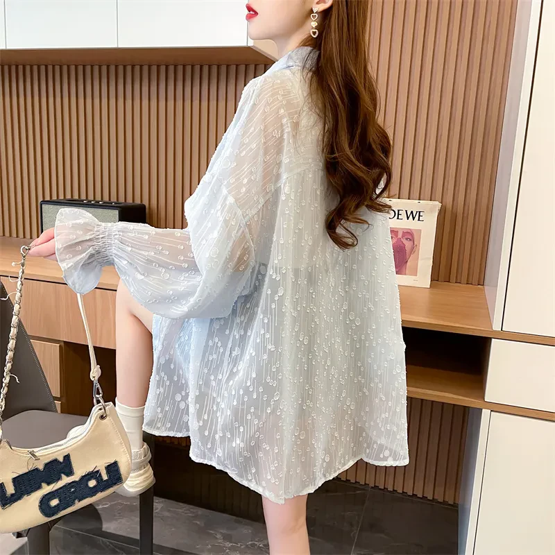 夏季中长款薄款大码宽松开衫上衣防晒衬衫新款提花外套女防晒衣