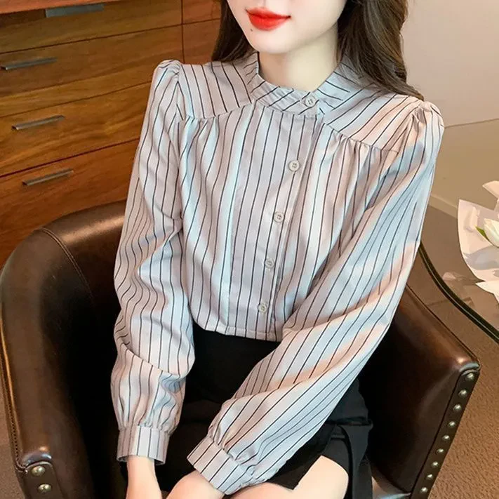 长袖条纹新款衬衫时尚韩系小众设计宽松衬衣百搭优雅泡泡袖上衣