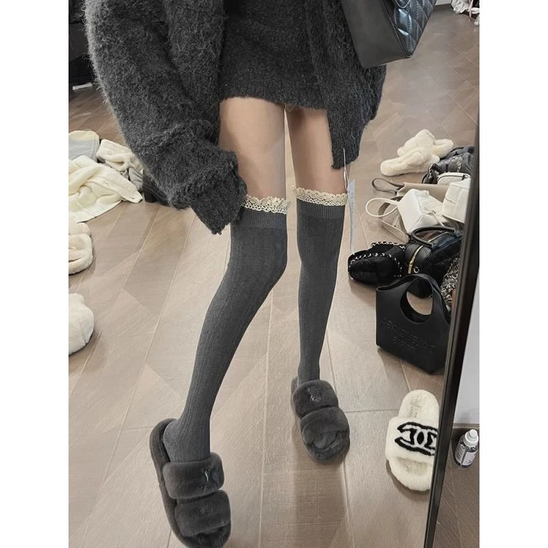 过膝长筒袜子女ins百搭显瘦秋冬蕾丝花边白色大腿袜春秋黑色夏季