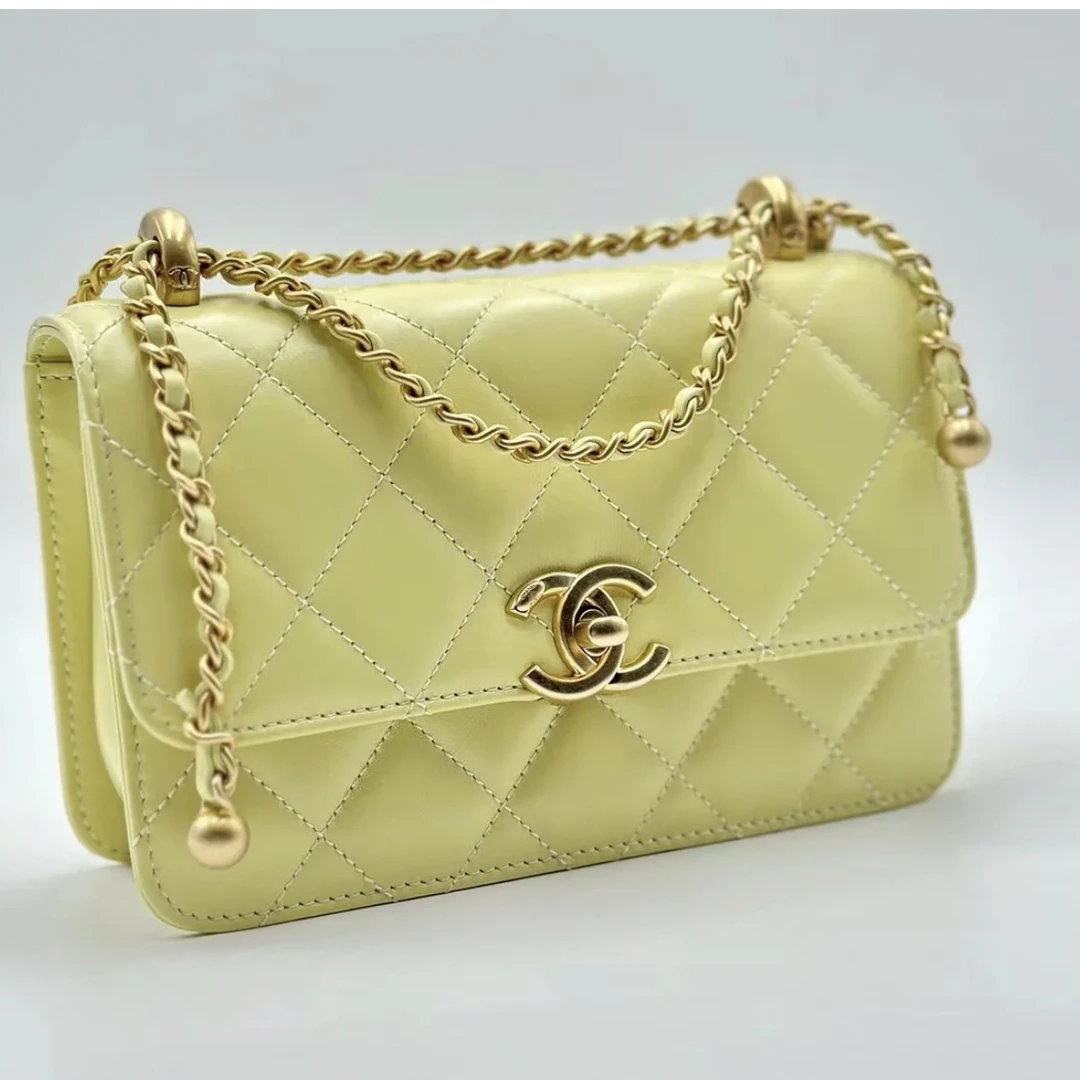 99新 Chanel/香奈儿 Chanel柠檬黄24c双金珠邮差链条包