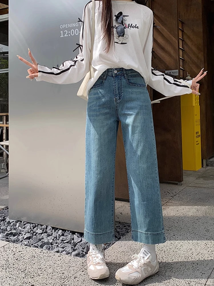 复古直筒牛仔裤女秋季新款高腰大码显瘦裤子胖mm梨形身材九分裤