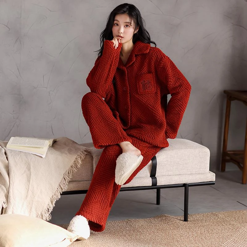 冬季睡衣女高档提花珊瑚绒保暖长袖两件套装大红本命年休闲家居服