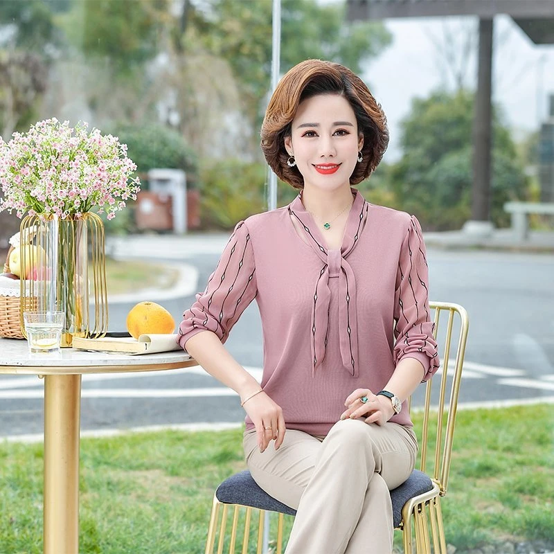 妈妈秋装上衣2024新款中年女春秋夏薄长袖衬衣时尚 T恤雪纺打底衫