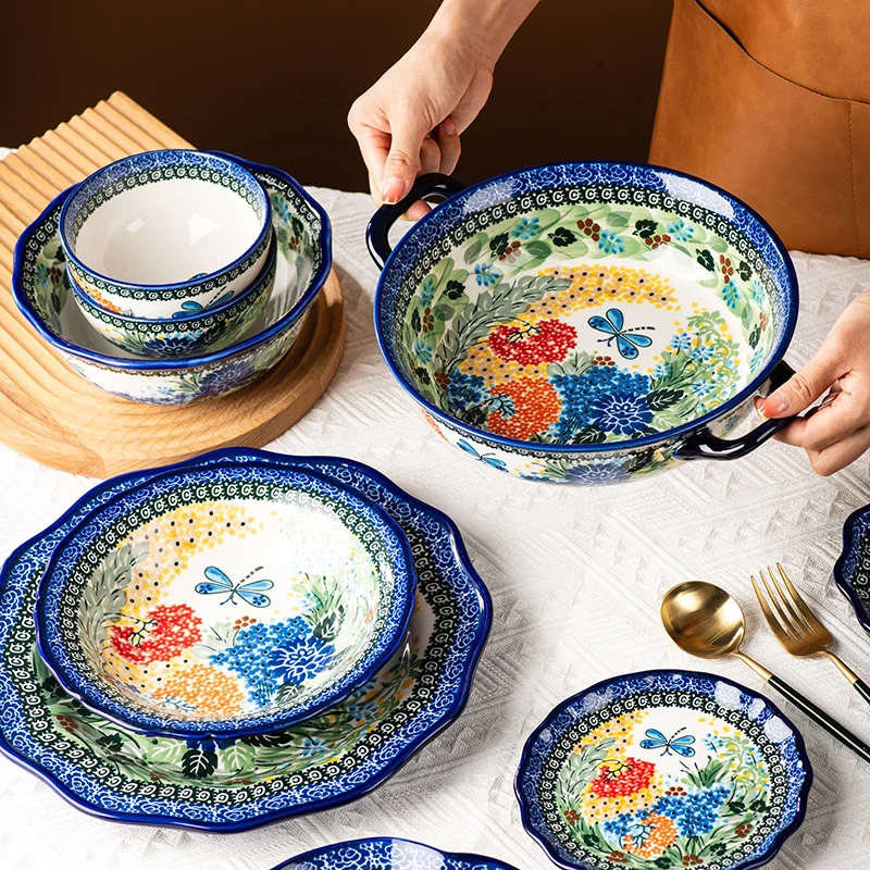 波兰陶瓷碗碟套装餐具家用饭碗面碗双耳汤碗大号盘子菜盘鱼盘蝶恋