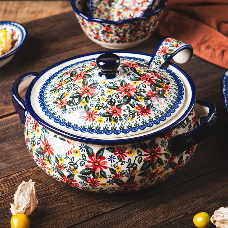 波兰带盖汤锅2L双耳汤碗家用陶瓷复古餐具汤碗大容量酸菜鱼大盆碗