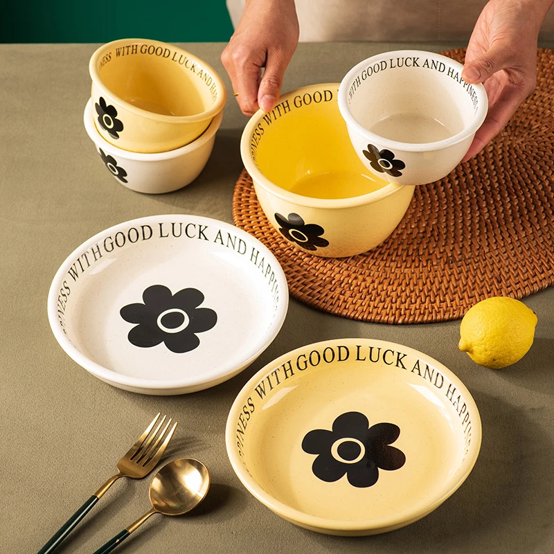 花朵陶瓷碗盘餐具饭碗高颜值家用奶油泡面汤碗沙拉碗酸奶碗深盘子