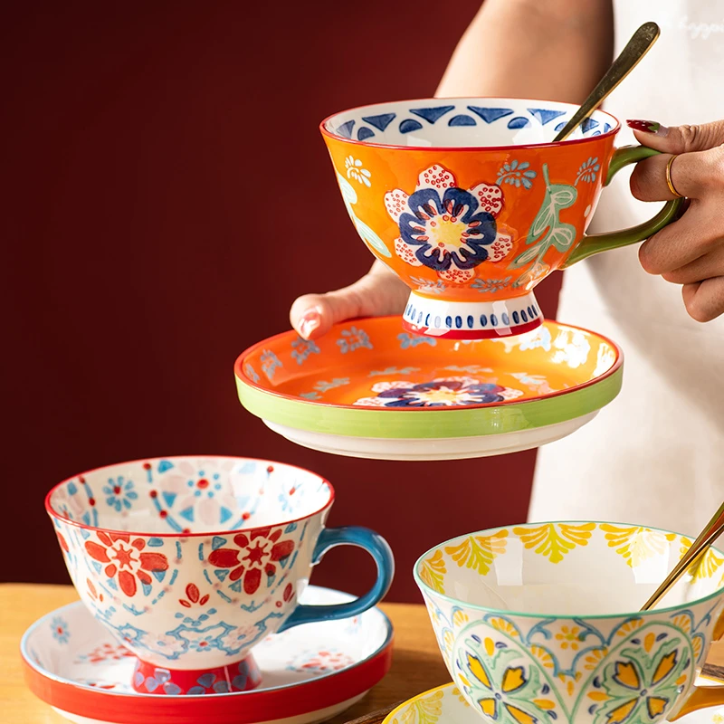 繁花早餐杯高颜值办公室杯子陶瓷马克杯带盖情侣水杯家用创意盘子