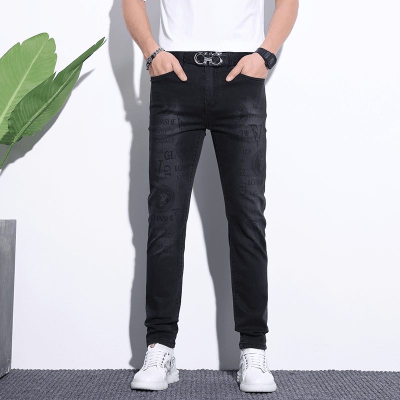 时尚修身牛仔裤裤子男士小直筒黑色百搭时尚潮流休闲百搭牛仔裤
