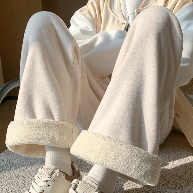 3291加绒糯米裤女秋冬2023新款高腰显瘦垂感宽松直筒软糯特厚绒