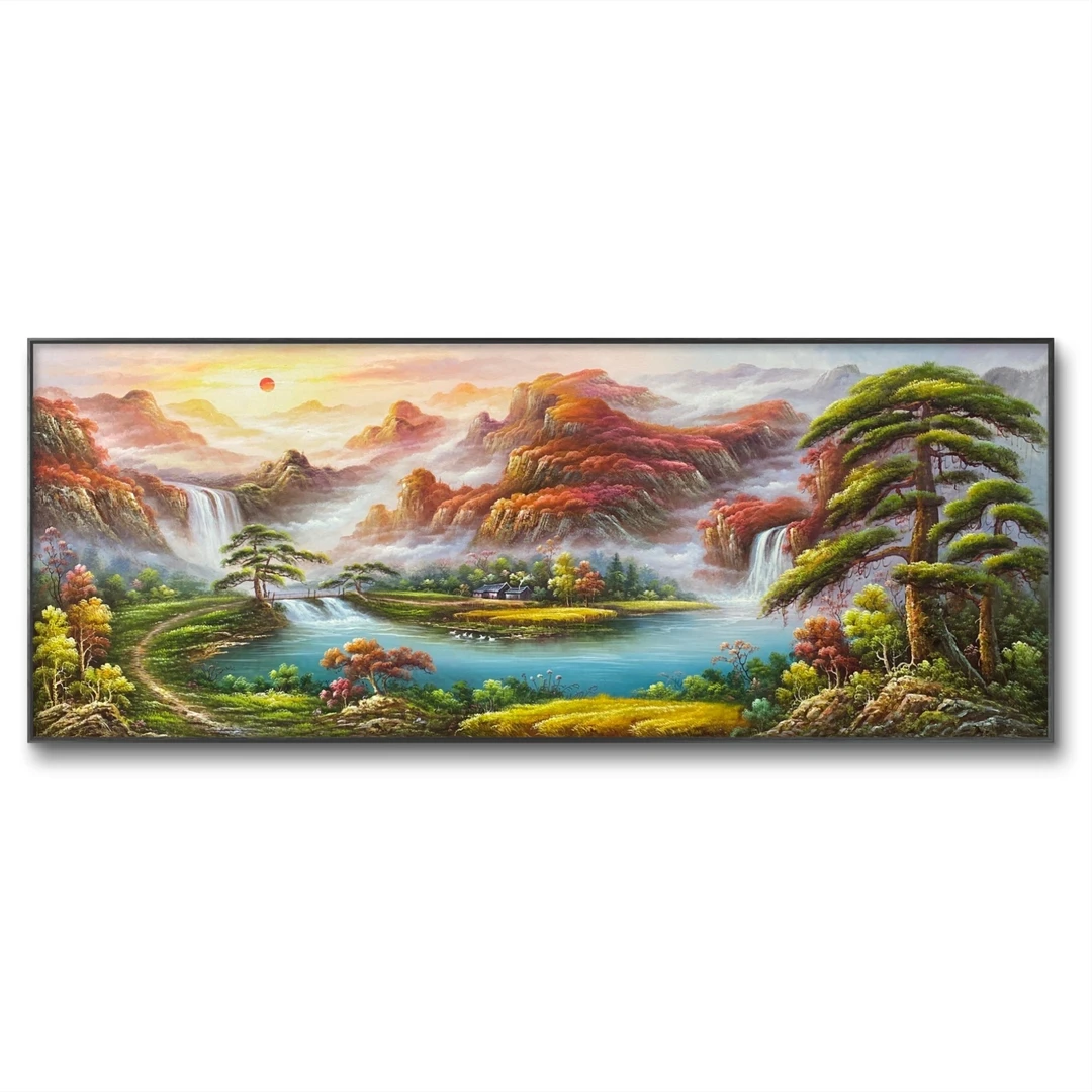 手绘聚宝盆风景油画80cm*200cm客厅装饰画迎客松山水挂画