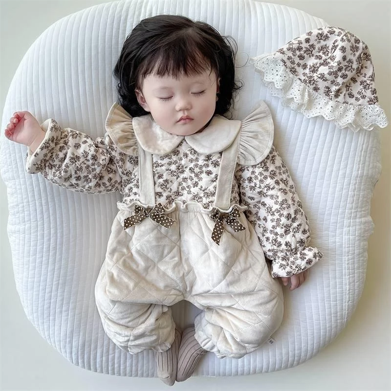 婴儿加绒加薄棉冬季女宝宝连体衣哈衣抱衣森系碎花超萌棉服洋气