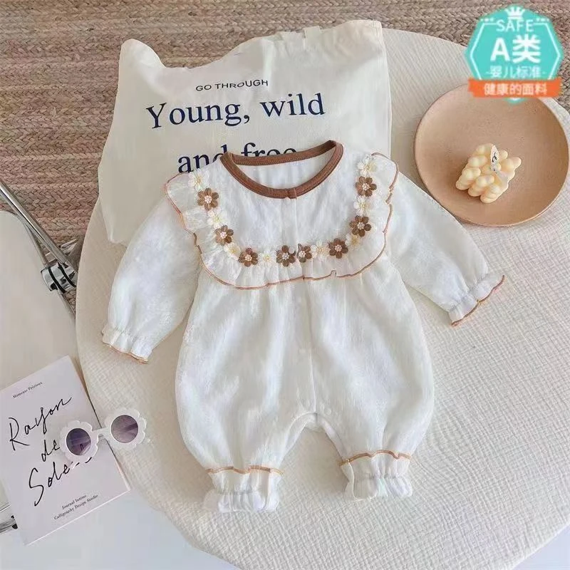 双层纯棉女宝婴儿连体秋季蕾丝长袖爬服满月百天洋气公主哈衣