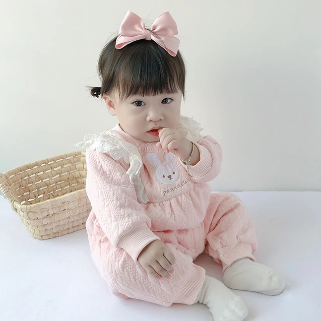 婴儿秋冬加绒保暖连体衣新生儿洋气甜美公主风圆领兔保暖衣外出服