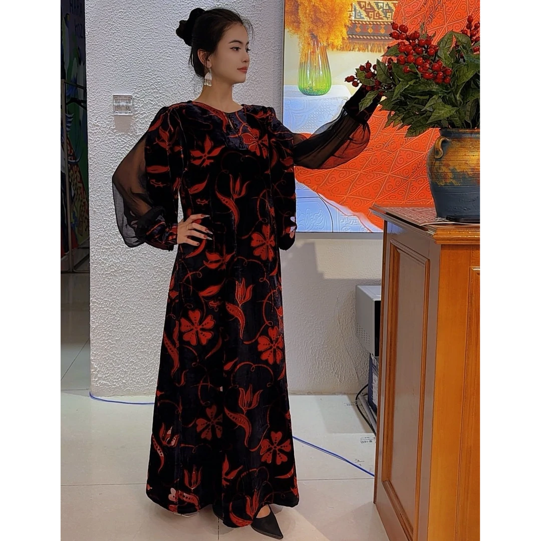 HARA KOZDR原创时尚与民族风格相融入的元素印花金丝绒休闲连衣裙